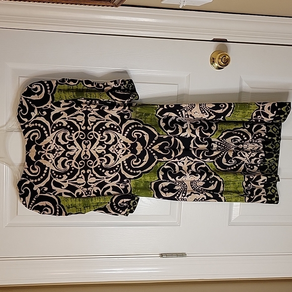 Dress Barn Gathered Sleeve Dress Shift 8 Black Tan Green - Picture 8 of 8